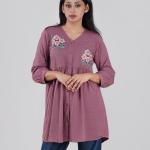 Short Top, Short Shirt Decorative Floral Embroidery.  V-Neck Button-Front Short Top with Gathered Waist