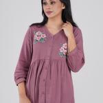 Short Top, Short Shirt Decorative Floral Embroidery.  V-Neck Button-Front Short Top with Gathered Waist