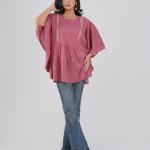Kaftan Short Tops Round-Neck Gathered-Waist Short Top with Decorative Lace Panel Detailing