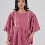 Kaftan Short Tops Round-Neck Gathered-Waist Short Top with Decorative Lace Panel Detailing