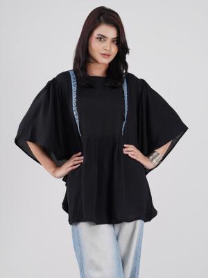 Kaftan Short Top Round-Neck Gathered-Waist Short Top with Decorative Lace Panel Detailing