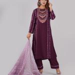 3-piece Straight Kurti with Screenprint Decorative & Embroidery Neck Panel & Matching Pant & printed dupatta