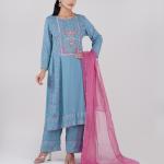 Three-Piece Set , Straight Kurti with Screenprint, Embroidery Neck Panel & Matching Pant & contrast dupatta