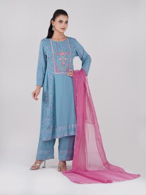 Three-Piece Set , Straight Kurti with Screenprint, Embroidery Neck Panel & Matching Pant & contrast dupatta