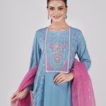 Three-Piece Set , Straight Kurti with Screenprint, Embroidery Neck Panel & Matching Pant & contrast dupatta