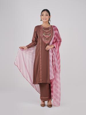 Three-Piece Set ,Straight Kurti with Screenprint Decorative & Embroidery Neck Panel & Matching Pant & printed dupatta